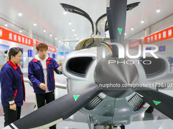 Workers assemble an aircraft at Qingdao Wanfeng Diamond Aircraft Manufacturing Co LTD in Laixi, China, on November 3, 2024. (