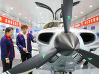 Workers assemble an aircraft at Qingdao Wanfeng Diamond Aircraft Manufacturing Co LTD in Laixi, China, on November 3, 2024. (