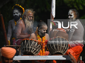 Indian Sadhus of Juna Akhara take part in a religious procession during the grand Nagar Pravesh ceremony for the upcoming Maha Kumbh Mela fe...