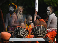 Indian Sadhus of Juna Akhara take part in a religious procession during the grand Nagar Pravesh ceremony for the upcoming Maha Kumbh Mela fe...