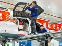 Workers assemble an aircraft at Qingdao Wanfeng Diamond Aircraft Manufacturing Co LTD in Laixi, China, on November 3, 2024. (