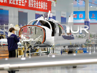 Workers assemble an aircraft at Qingdao Wanfeng Diamond Aircraft Manufacturing Co LTD in Laixi, China, on November 3, 2024. (