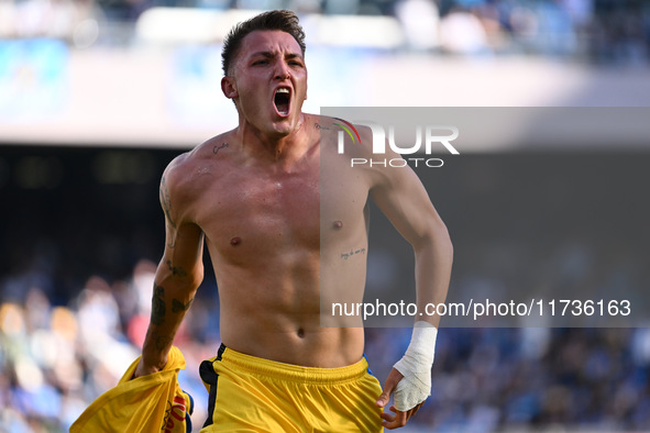 Mateo Retegui of Atalanta B.C. celebrates after scoring the goal to make it 0-3 during the 11th day of the Serie A Championship between S.S....