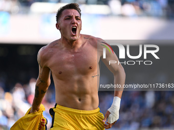 Mateo Retegui of Atalanta B.C. celebrates after scoring the goal to make it 0-3 during the 11th day of the Serie A Championship between S.S....