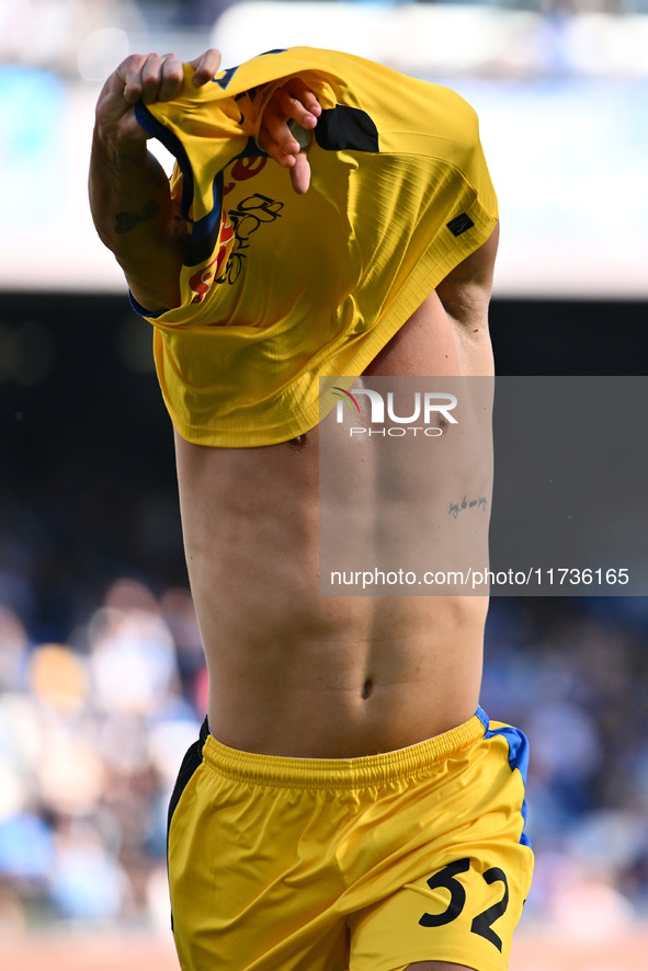 Mateo Retegui of Atalanta B.C. celebrates after scoring the goal to make it 0-3 during the 11th day of the Serie A Championship between S.S....