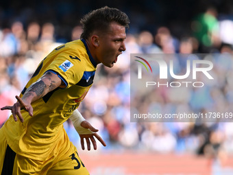 Mateo Retegui of Atalanta B.C. celebrates after scoring the goal to make it 0-3 during the 11th day of the Serie A Championship between S.S....