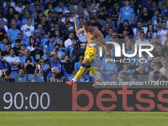 Mateo Retegui of Atalanta BC celebrates after scoring third goal during the Serie A match between SSC Napoli and Atalanta BC at Stadio Diego...