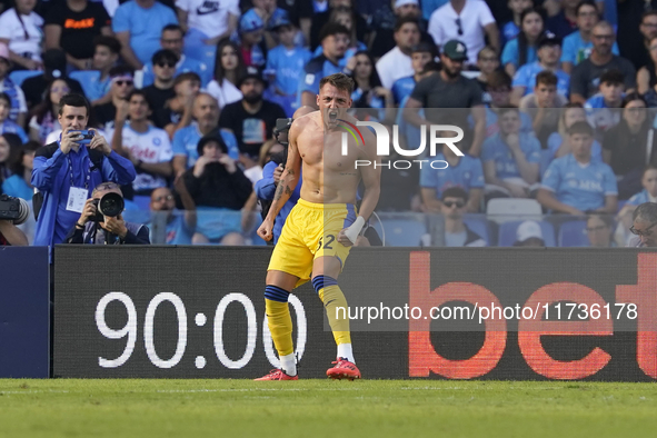 Mateo Retegui of Atalanta BC celebrates after scoring third goal during the Serie A match between SSC Napoli and Atalanta BC at Stadio Diego...