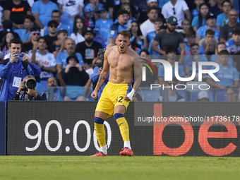 Mateo Retegui of Atalanta BC celebrates after scoring third goal during the Serie A match between SSC Napoli and Atalanta BC at Stadio Diego...