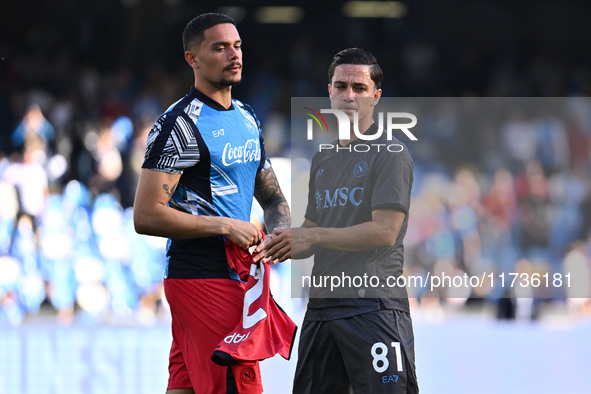 Giacomo Raspadori and Nikita Contini of S.S.C. Napoli participate in the 11th day of the Serie A Championship between S.S.C. Napoli and Atal...