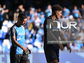 Matteo Politano and Giovanni Di Lorenzo of S.S.C. Napoli participate in the 11th day of the Serie A Championship between S.S.C. Napoli and A...