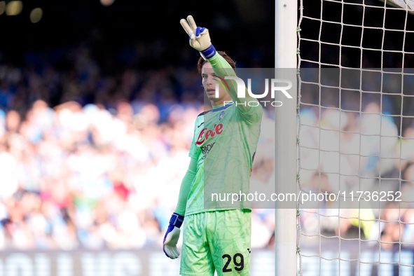 Marco Carnesecchi of Atalanta BC gestures during the serie Serie A Enilive match between SSC Napoli and Atalanta BC at Stadio Diego Armando...