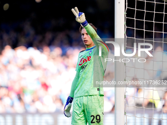 Marco Carnesecchi of Atalanta BC gestures during the serie Serie A Enilive match between SSC Napoli and Atalanta BC at Stadio Diego Armando...