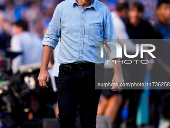 Gian Piero Gasperini Head Coach of Atalanta BC looks on during the serie Serie A Enilive match between SSC Napoli and Atalanta BC at Stadio...