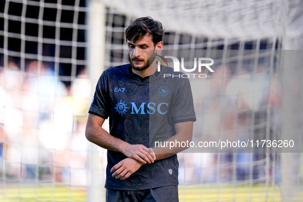 Khvicha Kvaratskhelia of SSC Napoli leaves the pitch dejected during the serie Serie A Enilive match between SSC Napoli and Atalanta BC at S...