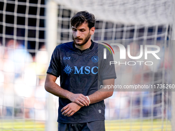 Khvicha Kvaratskhelia of SSC Napoli leaves the pitch dejected during the serie Serie A Enilive match between SSC Napoli and Atalanta BC at S...