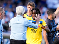 Gian Piero Gasperini Head Coach of Atalanta BC gives an high five to Ademola Lookman of Atalanta BC during the serie Serie A Enilive match b...