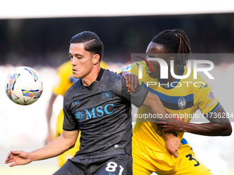 Giacomo Raspadori of SSC Napoli and Odilon Kossounou of Atalanta BC compete for the ball during the serie Serie A Enilive match between SSC...