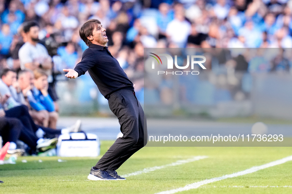 Antonio Conte Head Coach of SSC Napoli reacts during the serie Serie A Enilive match between SSC Napoli and Atalanta BC at Stadio Diego Arma...