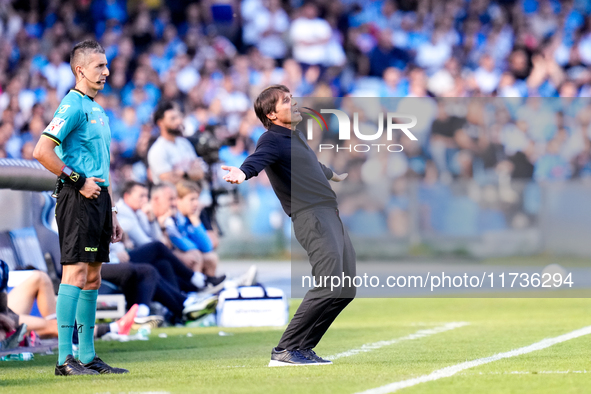 Antonio Conte Head Coach of SSC Napoli reacts during the serie Serie A Enilive match between SSC Napoli and Atalanta BC at Stadio Diego Arma...