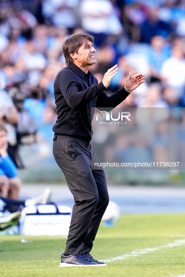 Antonio Conte Head Coach of SSC Napoli reacts during the serie Serie A Enilive match between SSC Napoli and Atalanta BC at Stadio Diego Arma...