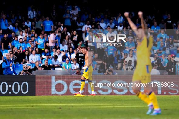 Mateo Retegui of Atalanta BC celebrates after scoring third goal during the serie Serie A Enilive match between SSC Napoli and Atalanta BC a...