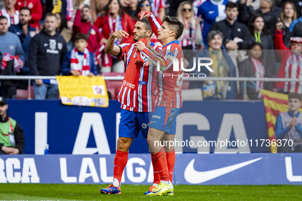 Giuliano Simeone of Atletico de Madrid (right) and Jorge Resurreccion Merodio (Koke) of Atletico de Madrid (left) celebrate a goal, dedicati...