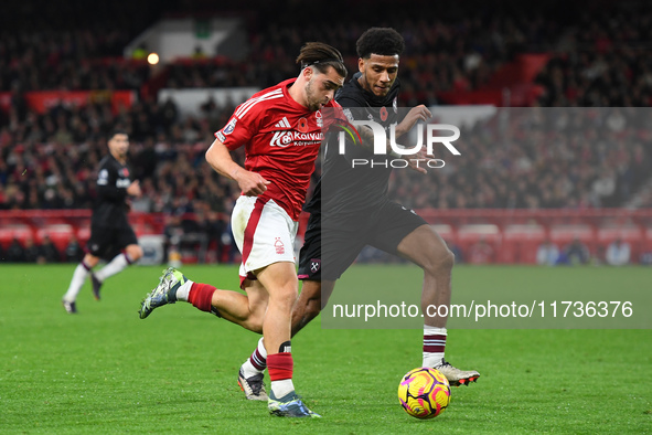 Jota Silva of Nottingham Forest competes with Jean-Clair Todibo of West Ham United during the Premier League match between Nottingham Forest...