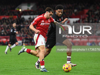 Jota Silva of Nottingham Forest competes with Jean-Clair Todibo of West Ham United during the Premier League match between Nottingham Forest...