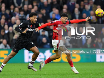 Morgan Gibbs-White of Nottingham Forest battles with Jean-Clair Todibo of West Ham United during the Premier League match between Nottingham...