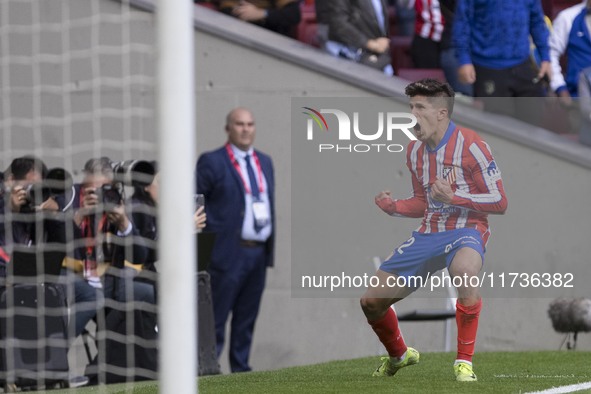 In Madrid, Spain, on November 3, Giuliano Simeone of Atletico de Madrid celebrates a goal during the La Liga 2024/25 match between Atletico...