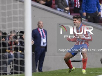 In Madrid, Spain, on November 3, Giuliano Simeone of Atletico de Madrid celebrates a goal during the La Liga 2024/25 match between Atletico...