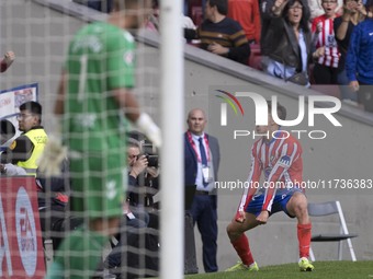 In Madrid, Spain, on November 3, Giuliano Simeone of Atletico de Madrid celebrates a goal during the La Liga 2024/25 match between Atletico...