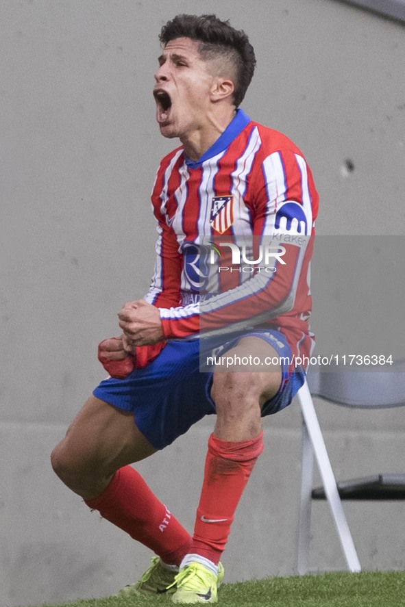 In Madrid, Spain, on November 3, Giuliano Simeone of Atletico de Madrid celebrates a goal during the La Liga 2024/25 match between Atletico...