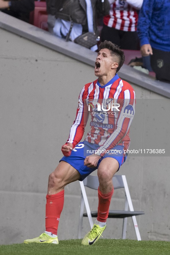 In Madrid, Spain, on November 3, Giuliano Simeone of Atletico de Madrid celebrates a goal during the La Liga 2024/25 match between Atletico...