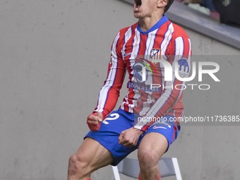 In Madrid, Spain, on November 3, Giuliano Simeone of Atletico de Madrid celebrates a goal during the La Liga 2024/25 match between Atletico...