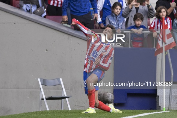 In Madrid, Spain, on November 3, Giuliano Simeone of Atletico de Madrid celebrates a goal during the La Liga 2024/25 match between Atletico...