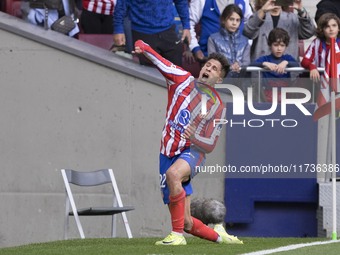 In Madrid, Spain, on November 3, Giuliano Simeone of Atletico de Madrid celebrates a goal during the La Liga 2024/25 match between Atletico...