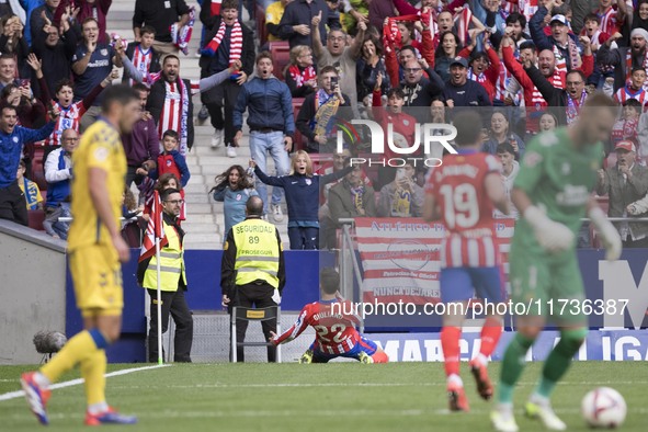 In Madrid, Spain, on November 3, Giuliano Simeone of Atletico de Madrid celebrates a goal during the La Liga 2024/25 match between Atletico...