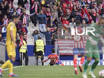 In Madrid, Spain, on November 3, Giuliano Simeone of Atletico de Madrid celebrates a goal during the La Liga 2024/25 match between Atletico...