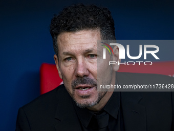 Diego Pablo Simeone, head coach of Atletico de Madrid, sits on the bench during the La Liga EA Sports 2024/25 football match between Atletic...