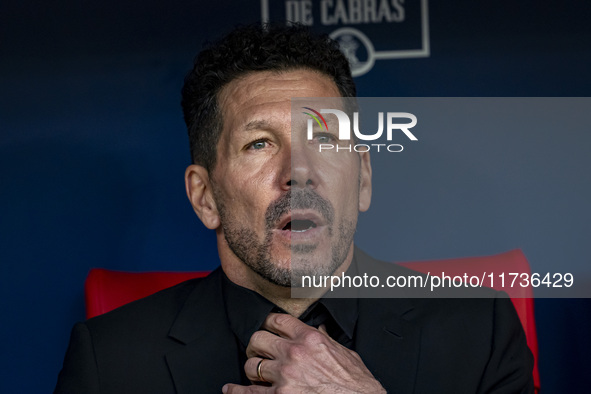 Diego Pablo Simeone, head coach of Atletico de Madrid, sits on the bench during the La Liga EA Sports 2024/25 football match between Atletic...