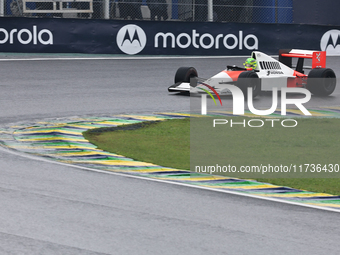 Lewis Hamilton pays tribute to Ayrton Senna during the Formula 1 Lenovo Grande Premio De Sao Paulo 2024 in Sao Paulo, Brazil, on November 3,...