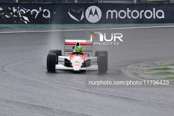 Lewis Hamilton pays tribute to Ayrton Senna during the Formula 1 Lenovo Grande Premio De Sao Paulo 2024 in Sao Paulo, Brazil, on November 3,...