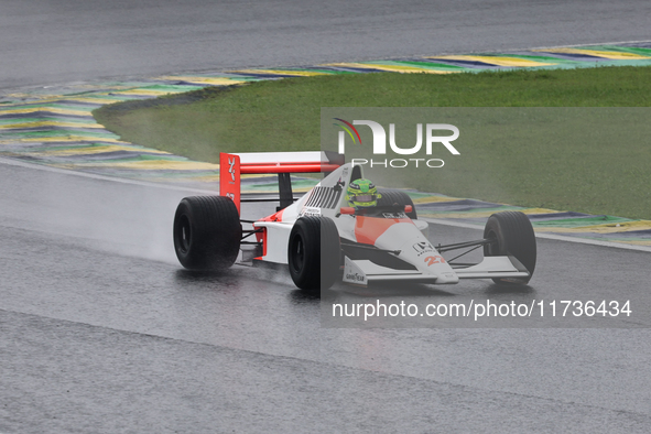 Lewis Hamilton pays tribute to Ayrton Senna during the Formula 1 Lenovo Grande Premio De Sao Paulo 2024 in Sao Paulo, Brazil, on November 3,...