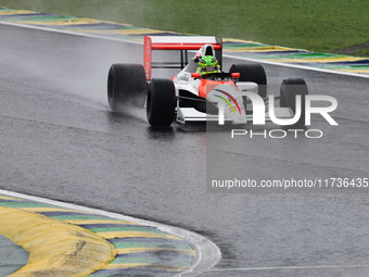 Lewis Hamilton pays tribute to Ayrton Senna during the Formula 1 Lenovo Grande Premio De Sao Paulo 2024 in Sao Paulo, Brazil, on November 3,...