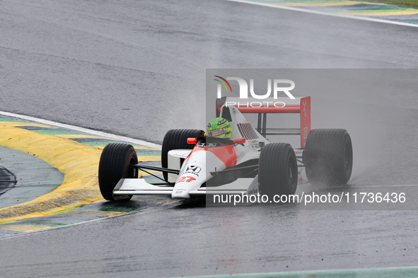 Lewis Hamilton pays tribute to Ayrton Senna during the Formula 1 Lenovo Grande Premio De Sao Paulo 2024 in Sao Paulo, Brazil, on November 3,...