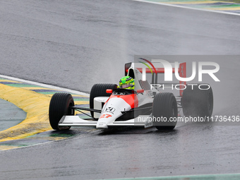 Lewis Hamilton pays tribute to Ayrton Senna during the Formula 1 Lenovo Grande Premio De Sao Paulo 2024 in Sao Paulo, Brazil, on November 3,...