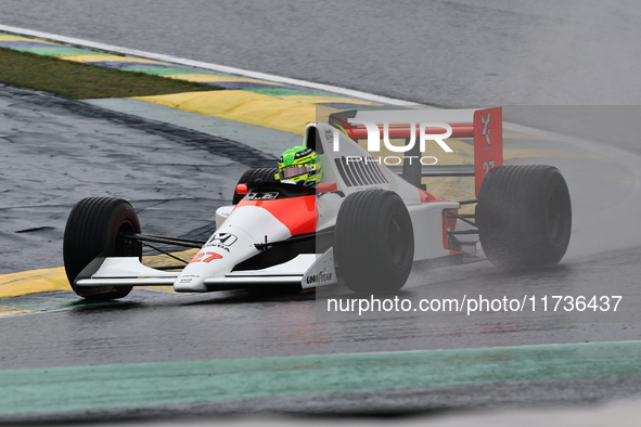 Lewis Hamilton pays tribute to Ayrton Senna during the Formula 1 Lenovo Grande Premio De Sao Paulo 2024 in Sao Paulo, Brazil, on November 3,...