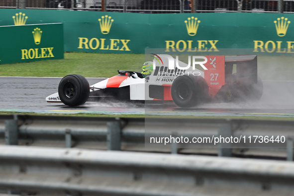 Lewis Hamilton pays tribute to Ayrton Senna during the Formula 1 Lenovo Grande Premio De Sao Paulo 2024 in Sao Paulo, Brazil, on November 3,...